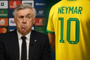 Imagem gerada por inteligência artificial mostra Carlo Ancelotti em coletiva e camisa da seleção brasileira com nome de Neymar ao fundo.