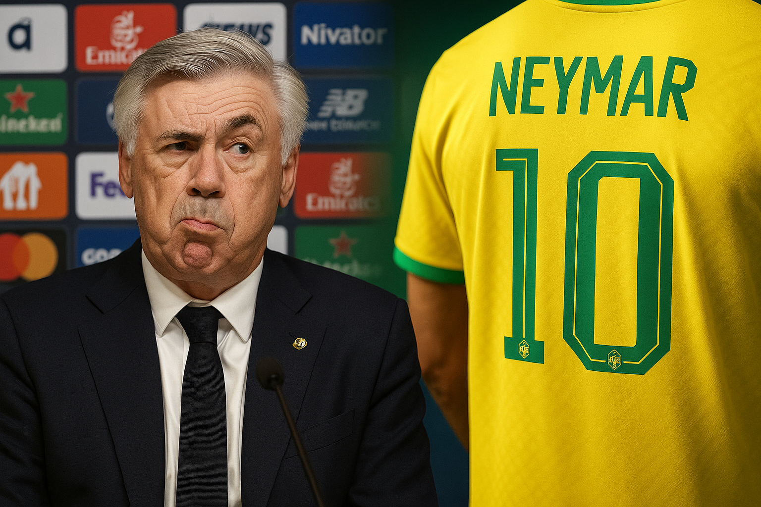 Imagem gerada por inteligência artificial mostra Carlo Ancelotti em coletiva e camisa da seleção brasileira com nome de Neymar ao fundo.