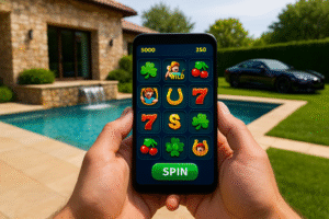Pessoa segura um smartphone exibindo um jogo fictício de apostas online diante de uma mansão com piscina e carro de luxo ao fundo, em imagem gerada por inteligência artificial.
