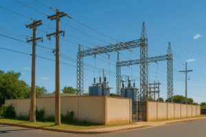 Subestação de energia elétrica sob céu azul, gerada por inteligência artificial.