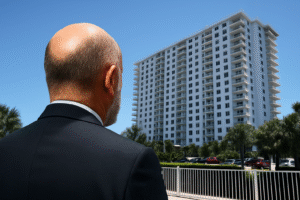 Homem de terno visto de costas diante de prédio de luxo na Flórida, sob céu ensolarado. Imagem gerada por inteligência artificial para fins jornalísticos.