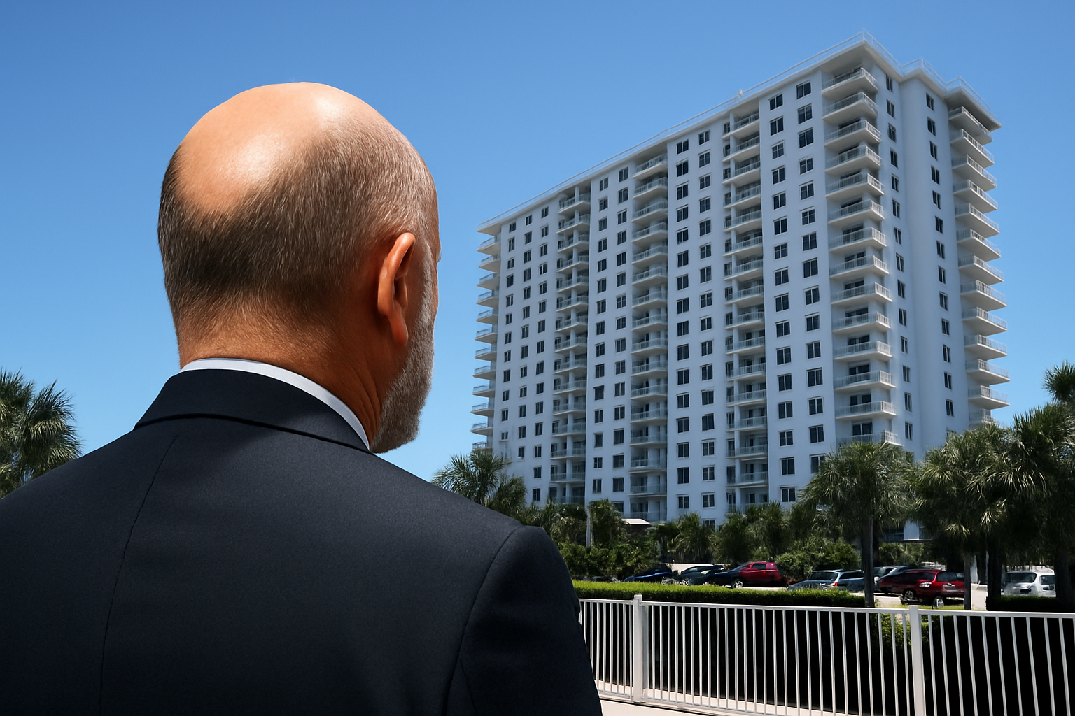 Homem de terno visto de costas diante de prédio de luxo na Flórida, sob céu ensolarado. Imagem gerada por inteligência artificial para fins jornalísticos.