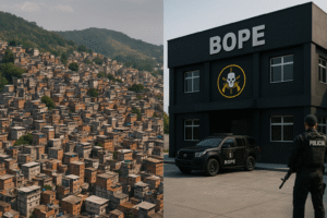 Composição visual mostrando, à esquerda, o Complexo do Alemão visto de cima, e à direita, a fachada de um batalhão do BOPE no Rio de Janeiro. Imagem gerada por Inteligência Artificial.