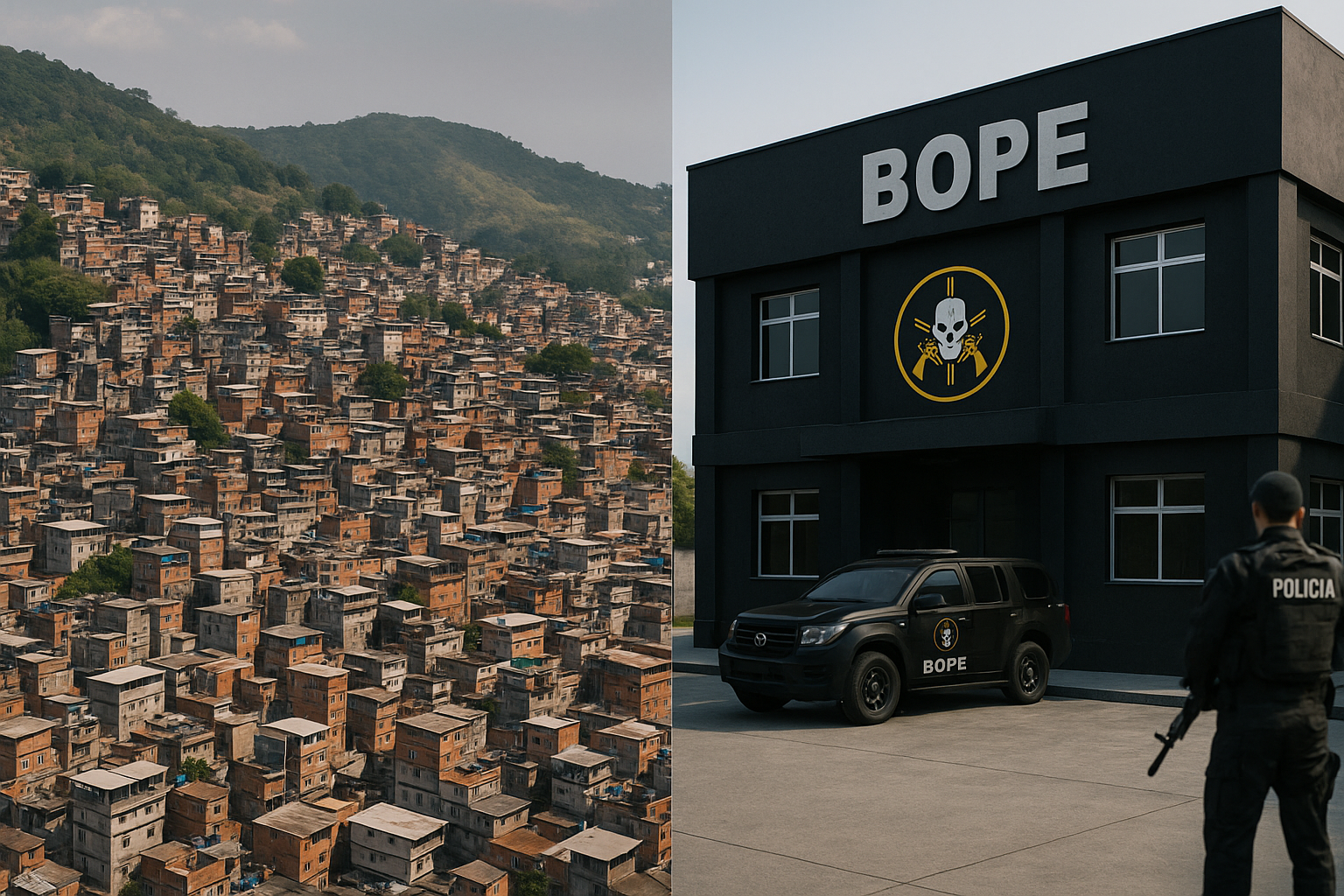 Composição visual mostrando, à esquerda, o Complexo do Alemão visto de cima, e à direita, a fachada de um batalhão do BOPE no Rio de Janeiro. Imagem gerada por Inteligência Artificial.