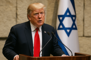 Representação gerada por inteligência artificial do presidente Donald Trump discursando em Israel, com bandeira israelense ao fundo.