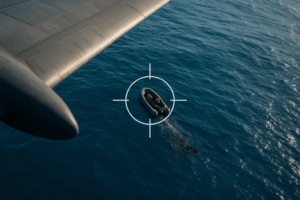 Imagem aérea mostra bote no mar do Caribe sob mira de avião de guerra dos Estados Unidos; foto gerada por inteligência artificial para fins jornalísticos.