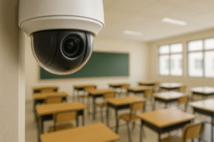 Câmera de segurança moderna em sala de aula, gerada por inteligência artificial.