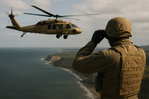 Helicóptero militar sobrevoa costa sul-americana enquanto agente de grupo de elite observa com binóculos; imagem gerada por inteligência artificial.