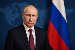 Imagem gerada por Inteligência Artificial retrata Vladimir Putin diante da bandeira da Rússia e de um mapa-múndi, em conceito político e jornalístico.