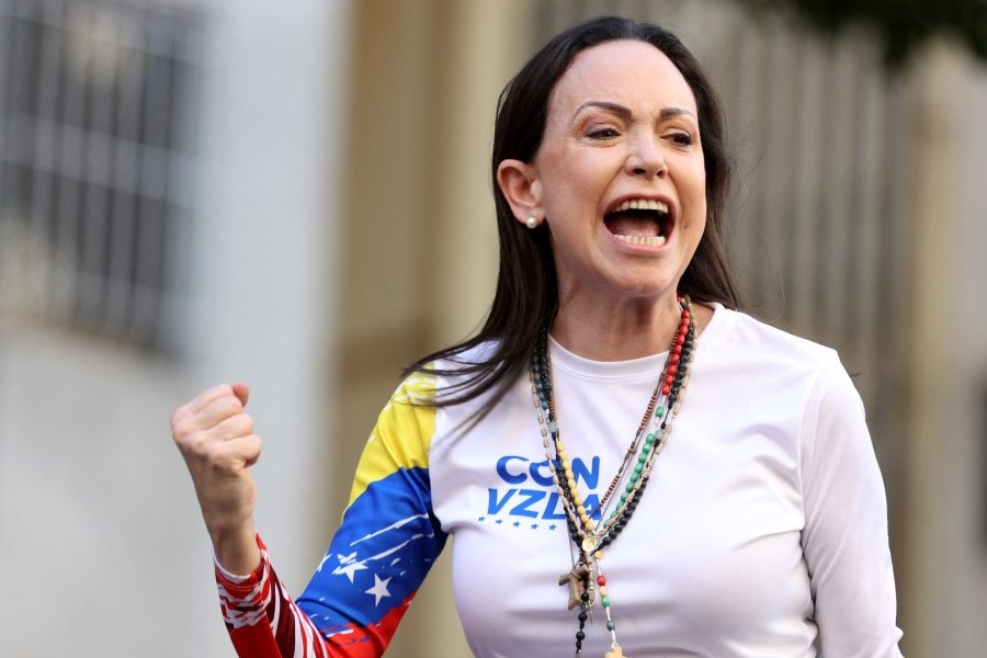 Maria Corina Machado, líder da oposição na Venezuela, durante ganha prêmio Nobel da paz 2025.