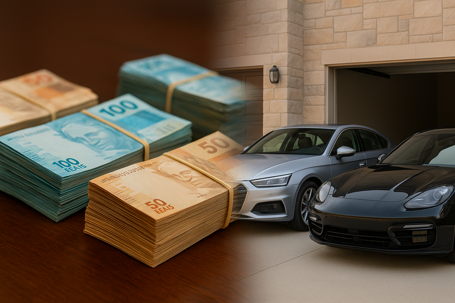 Mesa com cédulas de reais e carros de luxo em mansão, imagem ilustrativa gerada por inteligência artificial.