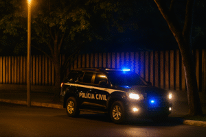 Viatura da Polícia Civil estacionada à noite em frente a clínica cercada — imagem gerada por IA.