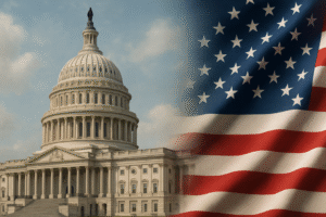 Composição mostrando o Capitólio em destaque e a bandeira dos EUA ao fundo, representando o cenário político norte-americano.