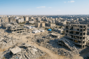 Vista aérea ilustrada da Faixa de Gaza em dia ensolarado, com prédios e ruínas sob céu limpo. Imagem gerada por IA.