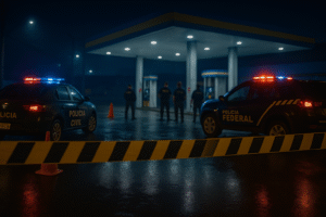 Cena noturna de investigação policial em posto de combustíveis, com viaturas, agentes e faixa de isolamento, imagem gerada por inteligência artificial.