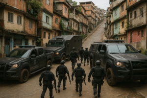 Cena em perspectiva ilustrada e ultrarrealista, criada por inteligência artificial, representa operação policial no Complexo da Maré, no Rio de Janeiro, em ambiente urbano característico.