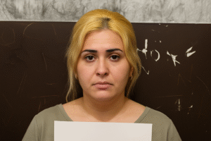 Mulher loira com expressão neutra diante de uma parede escura. Imagem criada por IA.