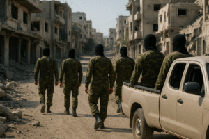 Silhuetas de pessoas com capuzes e uniformes camuflados caminhando por rua destruída em Gaza, imagem gerada por inteligência artificial.