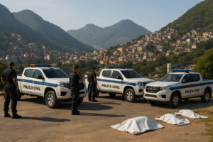 Viaturas da Polícia Civil em cenário de investigação no Rio de Janeiro — imagem criada por IA.