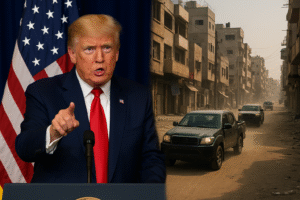 Donald Trump em púlpito com a bandeira dos Estados Unidos ao fundo, apontando o dedo em discurso, ao lado de uma rua em Gaza com caminhonetes e prédios em tom amarelado; imagem gerada por inteligência artificial para fins jornalísticos.