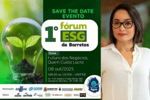 Montagem com o banner do Fórum ESG de Barretos e a palestrante principal, representando o evento sobre sustentabilidade e negócios.