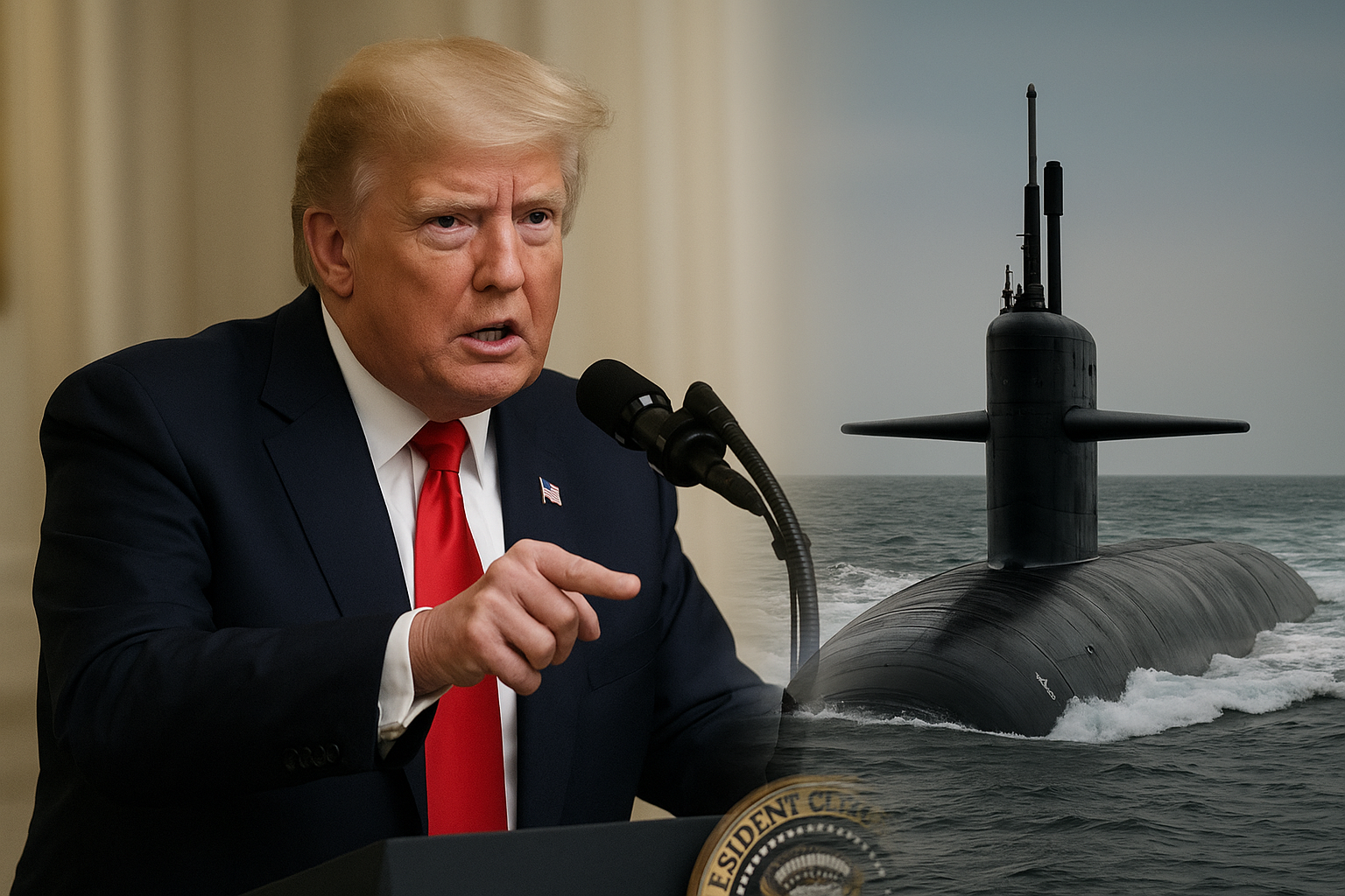 Donald Trump em discurso enérgico dentro de um salão oficial, à esquerda da imagem, enquanto à direita aparece um submarino nuclear americano parcialmente submerso no mar, separados por transição suave; imagem gerada por inteligência artificial.