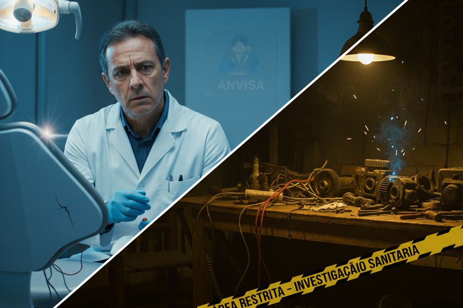 Dentista observa cadeira odontológica sob investigação sanitária, com divisão visual entre clínica e oficina clandestina — imagem gerada por inteligência artificial.