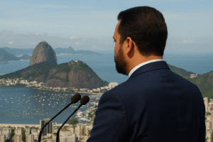 Silhueta masculina em púlpito diante de vista aérea do Rio de Janeiro, imagem gerada por inteligência artificial para fins jornalísticos.
