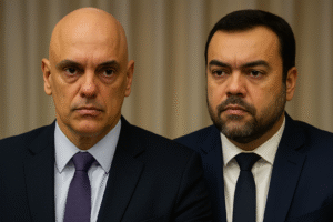 Imagem ilustrativa mostra Alexandre de Moraes e Cláudio Castro em ambiente institucional, simbolizando reunião de autoridades públicas. Gerada por inteligência artificial para fins jornalísticos.