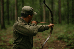 Close-up de um homem mirando com arco e flecha em área de floresta; imagem ilustrativa gerada por inteligência artificial.