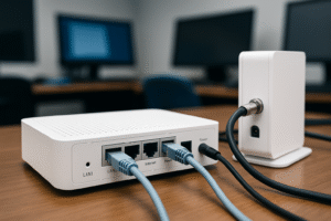 Close em modem e roteador brancos conectados por cabos em ambiente de tecnologia, imagem gerada por inteligência artificial para fins jornalísticos.