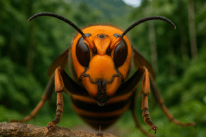 Close-up fotográfico e ultrarrealista de uma vespa mandarina sobre galho, com olhos escuros e antenas arqueadas, em fundo de vegetação tropical difusa, gerado por IA.