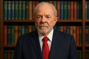 Retrato conceitual do presidente Lula diante de uma biblioteca institucional moderna, gerado por inteligência artificial para fins jornalísticos.