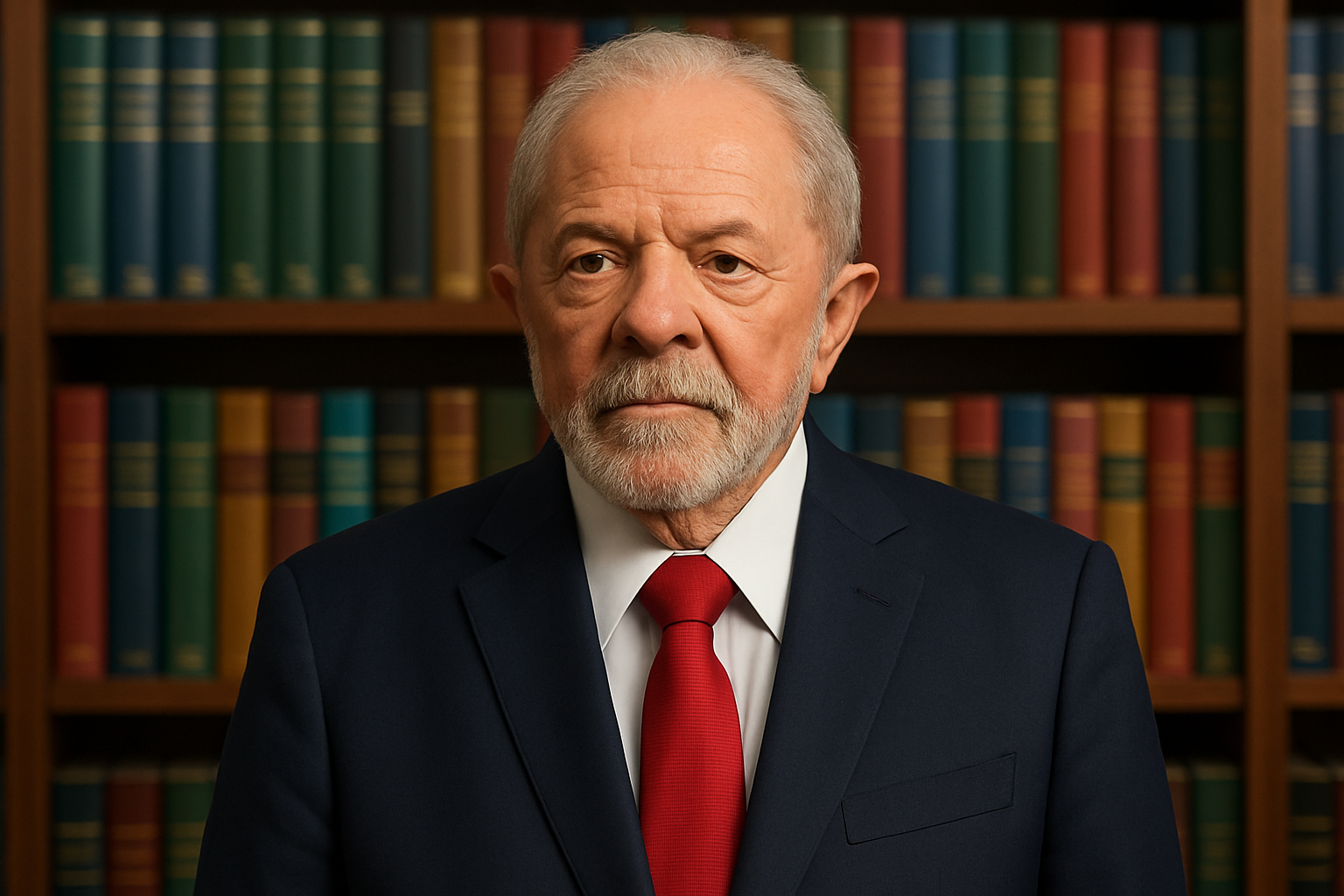 Retrato conceitual do presidente Lula diante de uma biblioteca institucional moderna, gerado por inteligência artificial para fins jornalísticos.