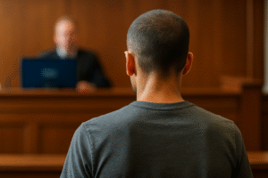 Silhueta de homem magro visto de costas em ambiente de tribunal, diante de um juiz desfocado; imagem ilustrativa gerada por IA.