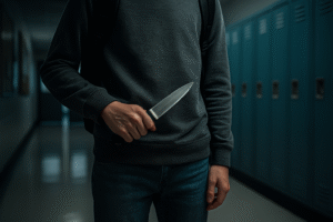 Adolescente sem identificação segura uma faca em corredor escolar com armários, sem mostrar o rosto. Fotografia ultra-realista gerada por IA para fins jornalísticos.