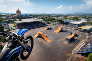 Ilustração gerada por inteligência artificial mostrando área de apresentações do Beto Carrero World com moto de trilha sobreposta; imagem meramente conceitual e não correspondente ao acidente real.