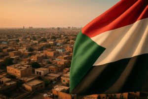 Vista aérea de Cartum, capital do Sudão, ao pôr do sol, com a bandeira nacional à direita — imagem gerada por inteligência artificial para fins jornalísticos.