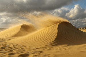 Dunas de Tramandaí sob vento forte e céu parcialmente nublado, com areia sendo deslocada. Imagem gerada por inteligência artificial para fins jornalísticos.