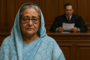 Retrato ultra-realista de Sheikh Hasina em um tribunal, com juiz desfocado ao fundo; imagem gerada por inteligência artificial para fins jornalísticos.