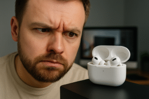 Homem observa com expressão curiosa um par de fones de ouvido sem fio de nova geração em sua caixa aberta. Fotografia ultra-realista gerada por inteligência artificial para fins jornalísticos e informativos.