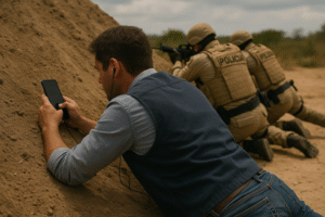 Repórter e dois policiais deitados atrás de um monte de areia durante cobertura em área de risco. Imagem gerada por inteligência artificial.