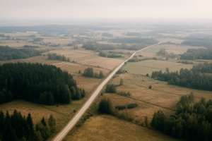 Vista semiaérea de paisagem rural com campos, árvores e estrada sob céu nublado, em região de fronteira europeia. Imagem 100% gerada por inteligência artificial para fins jornalísticos.