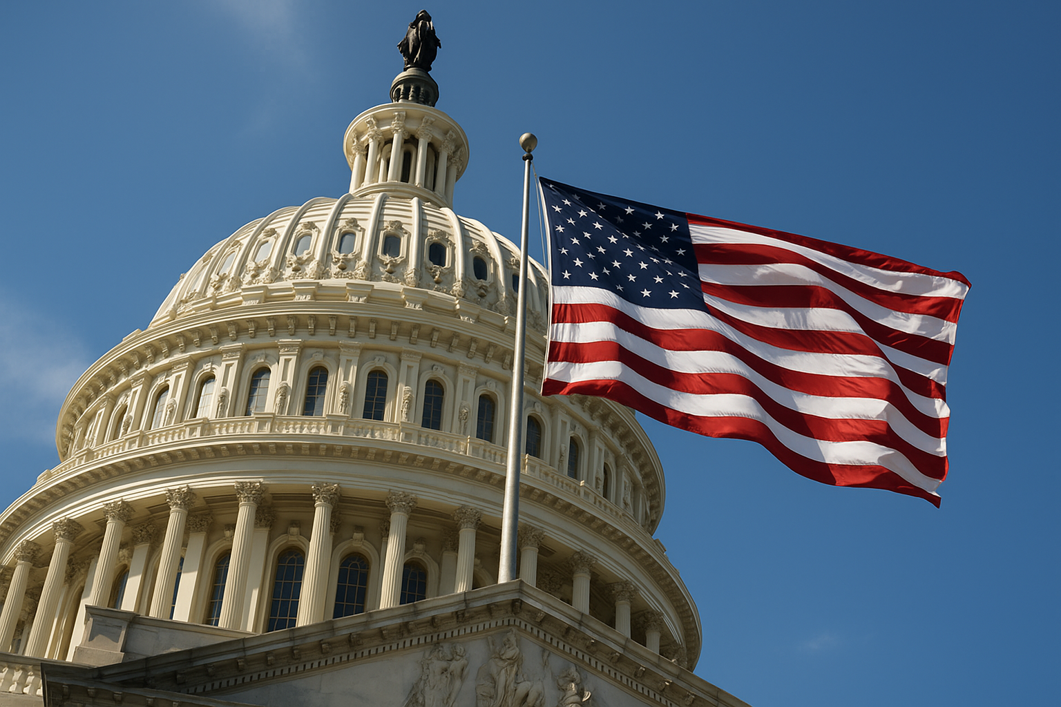 Vista inferior da cúpula do Capitólio dos Estados Unidos com a bandeira norte-americana tremulando ao vento em um dia ensolarado, em imagem gerada por inteligência artificial para fins jornalísticos.