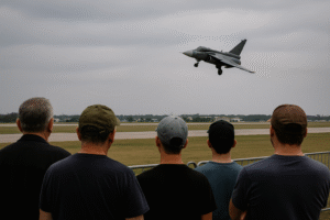 Cena ilustrativa de espectadores observando um caça durante apresentação aérea sob céu nublado. Imagem gerada por inteligência artificial para fins jornalísticos.