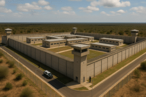 Vista semiaérea do Presídio Federal de Mossoró, no Rio Grande do Norte, com veículo e agentes de segurança visíveis nas áreas externas. Imagem gerada por inteligência artificial.