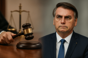 Imagem composta mostra, à esquerda, a mão de um juiz com martelo sobre um púlpito e, à direita, Jair Bolsonaro em traje formal.