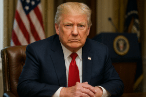 Retrato ultrarrealista gerado por inteligência artificial mostrando Donald Trump sentado a uma mesa oficial, usando terno azul-marinho e gravata vermelha, com bandeira dos EUA ao fundo.