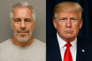 Retrato dividido de Jeffrey Epstein à esquerda e Donald Trump à direita, separados por transição em degradê; imagem gerada por IA para fins jornalísticos.