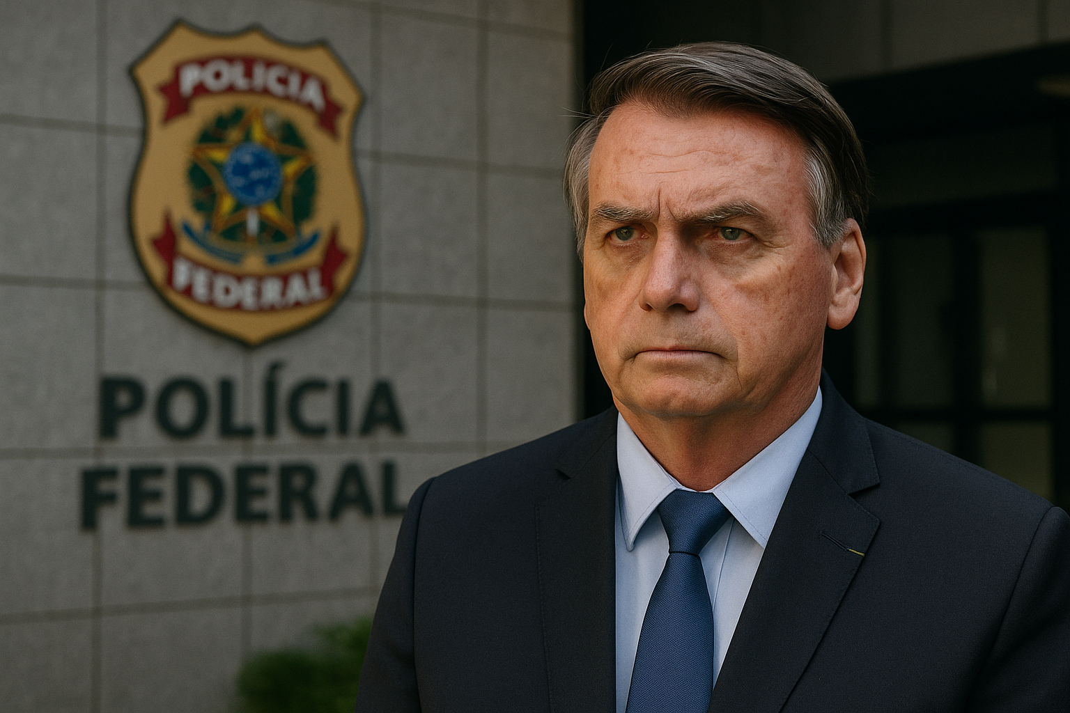 Jair Bolsonaro em frente a prédio da Polícia Federal, em montagem ultrarrealista gerada por inteligência artificial.